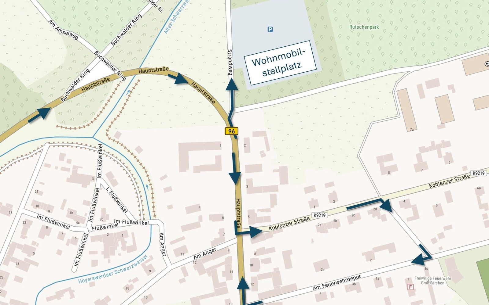 Hinweis zur Anfahrt aus westlicher Richtung, Foto: Kartengrundlage BKG (2026) dl-de/by-2-0, Lizenz: BKG (2026) dl-de/by-2-0
